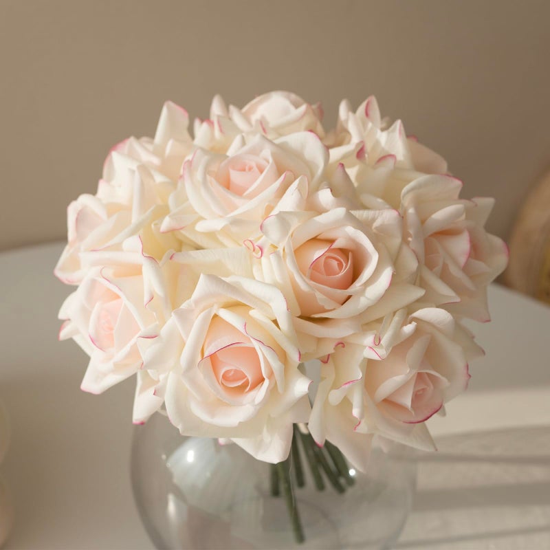 DUYONE Artificial Roses Single Stem 10pcs Fake Silk Flower Arrangement Bouquet Real Touch for Home Party Wedding Decoration(Pink Edge) - Image 1